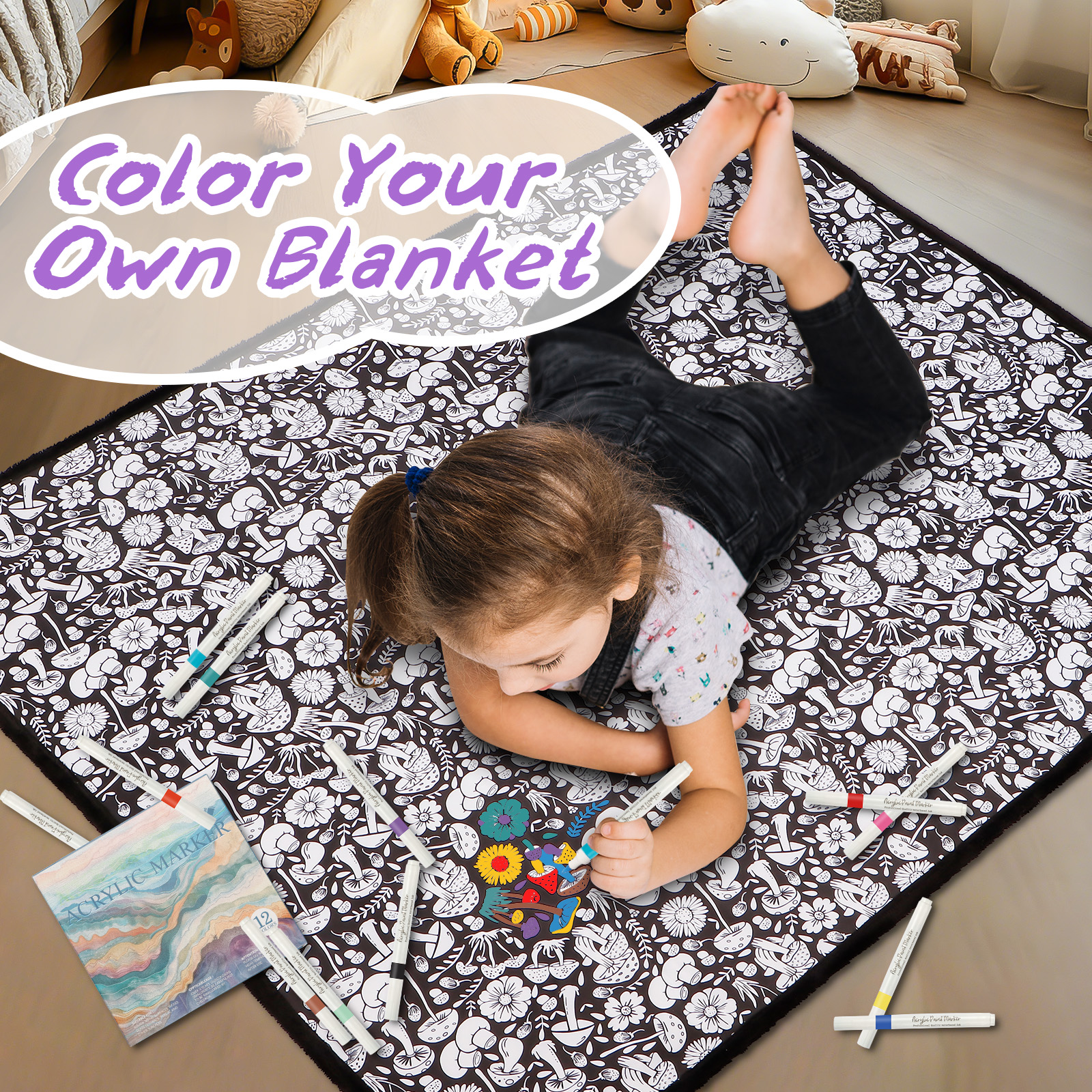 DIY Coloring Blanket for Kids & Adults with 24 Markers (Mushroom)