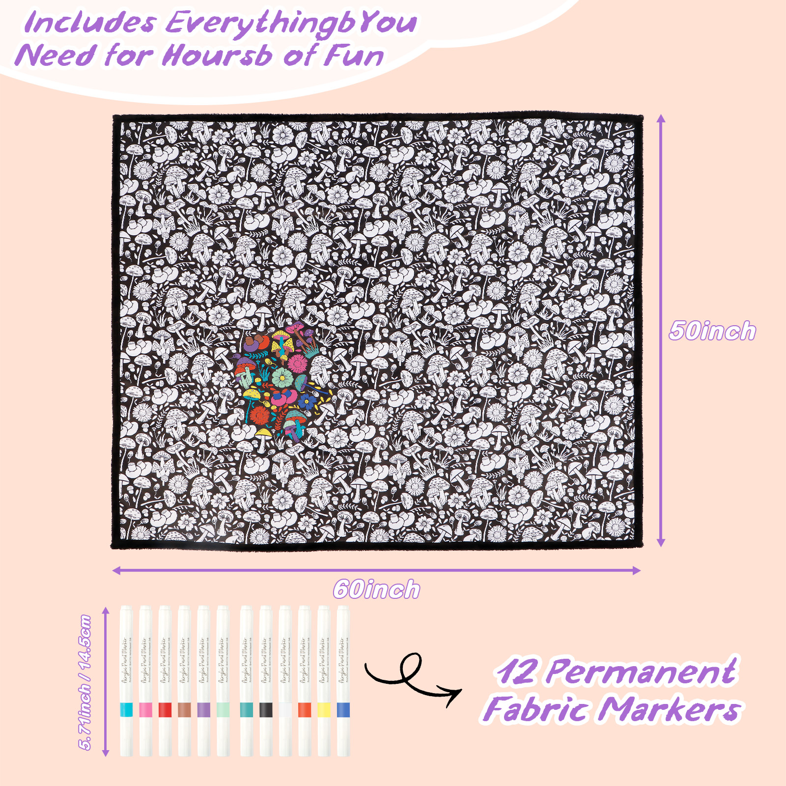 DIY Coloring Blanket for Kids & Adults with 24 Markers (Mushroom)