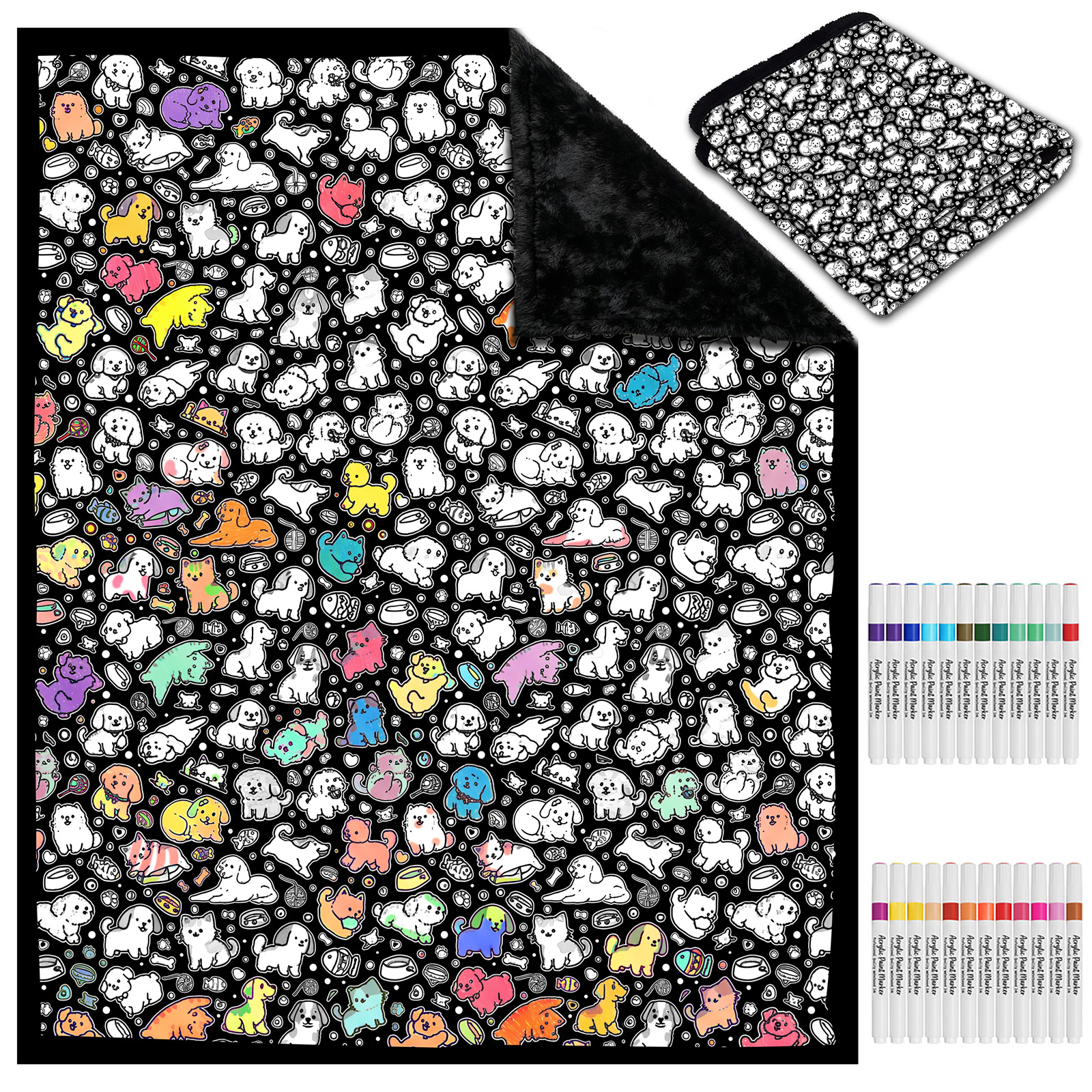 DIY Coloring Blanket for Kids & Adults with 24 Markers (Cat & Dog)