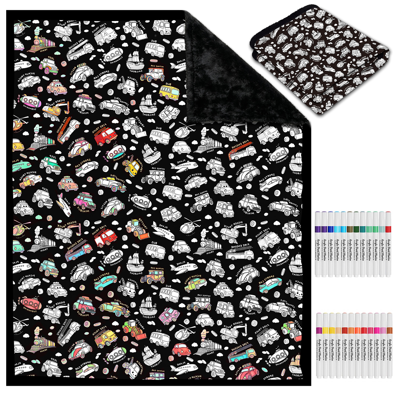 DIY Coloring Blanket for Kids & Adults with 24 Markers (Vehicles)