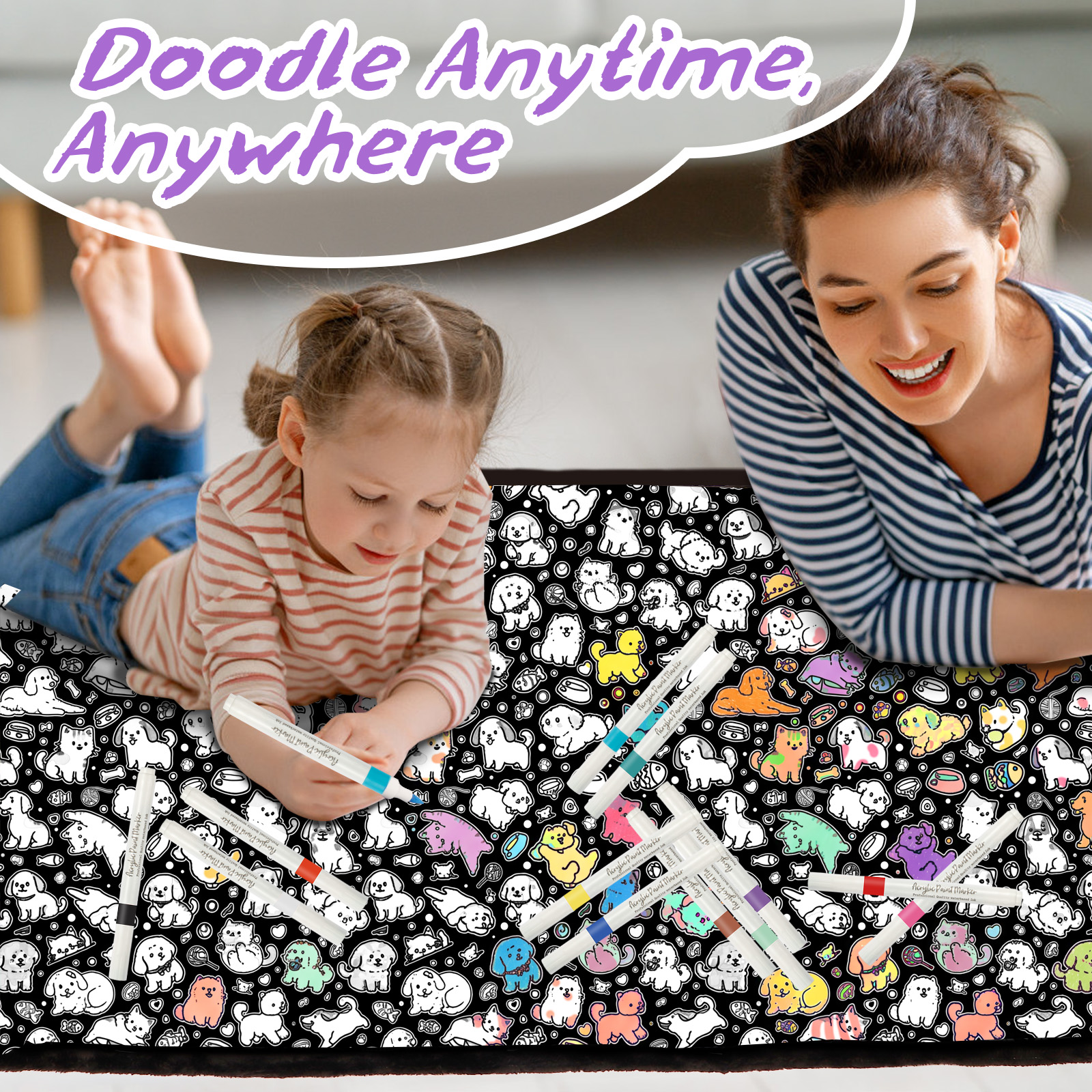 DIY Coloring Blanket for Kids & Adults with 24 Markers (Cat & Dog)
