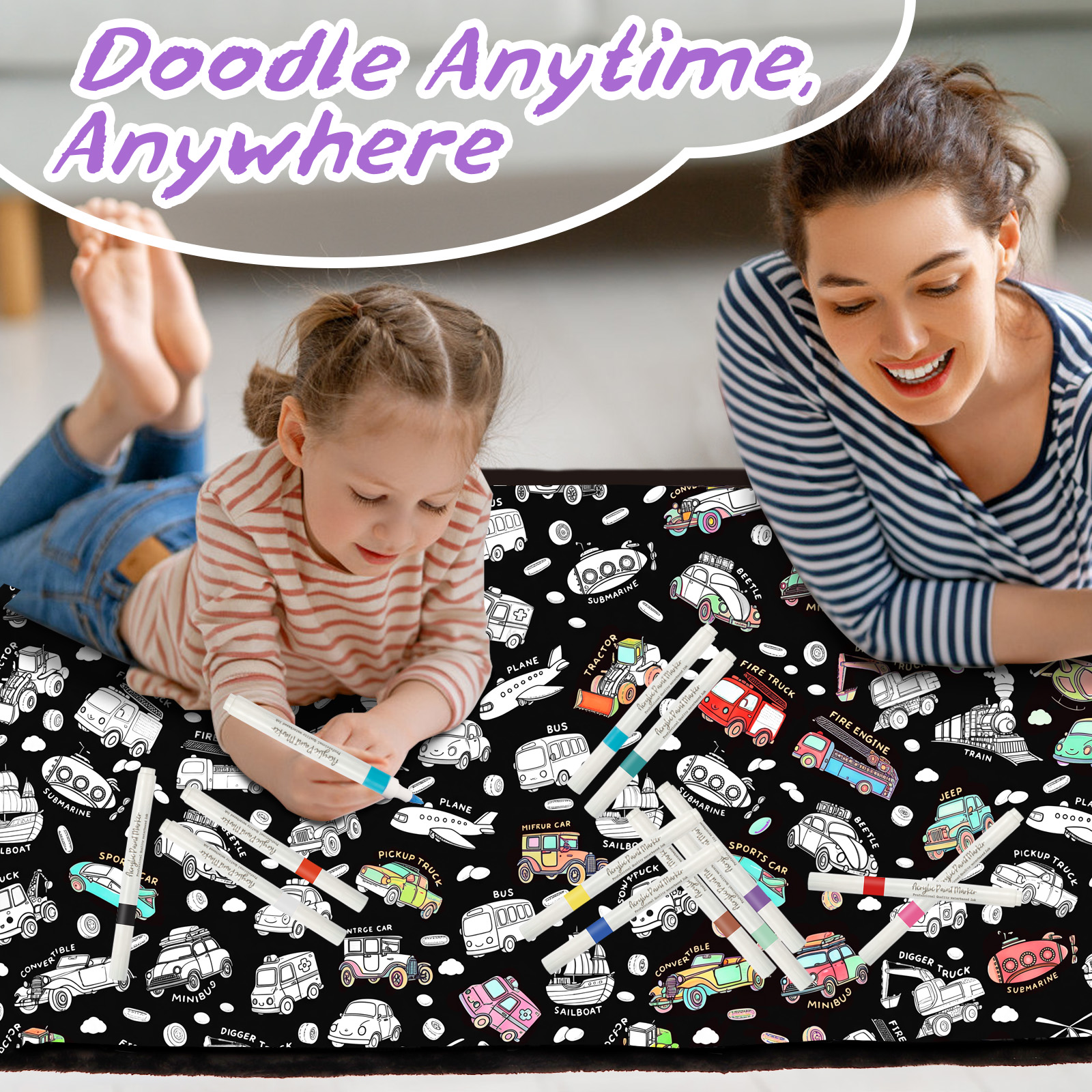 DIY Coloring Blanket for Kids & Adults with 24 Markers (Vehicles)