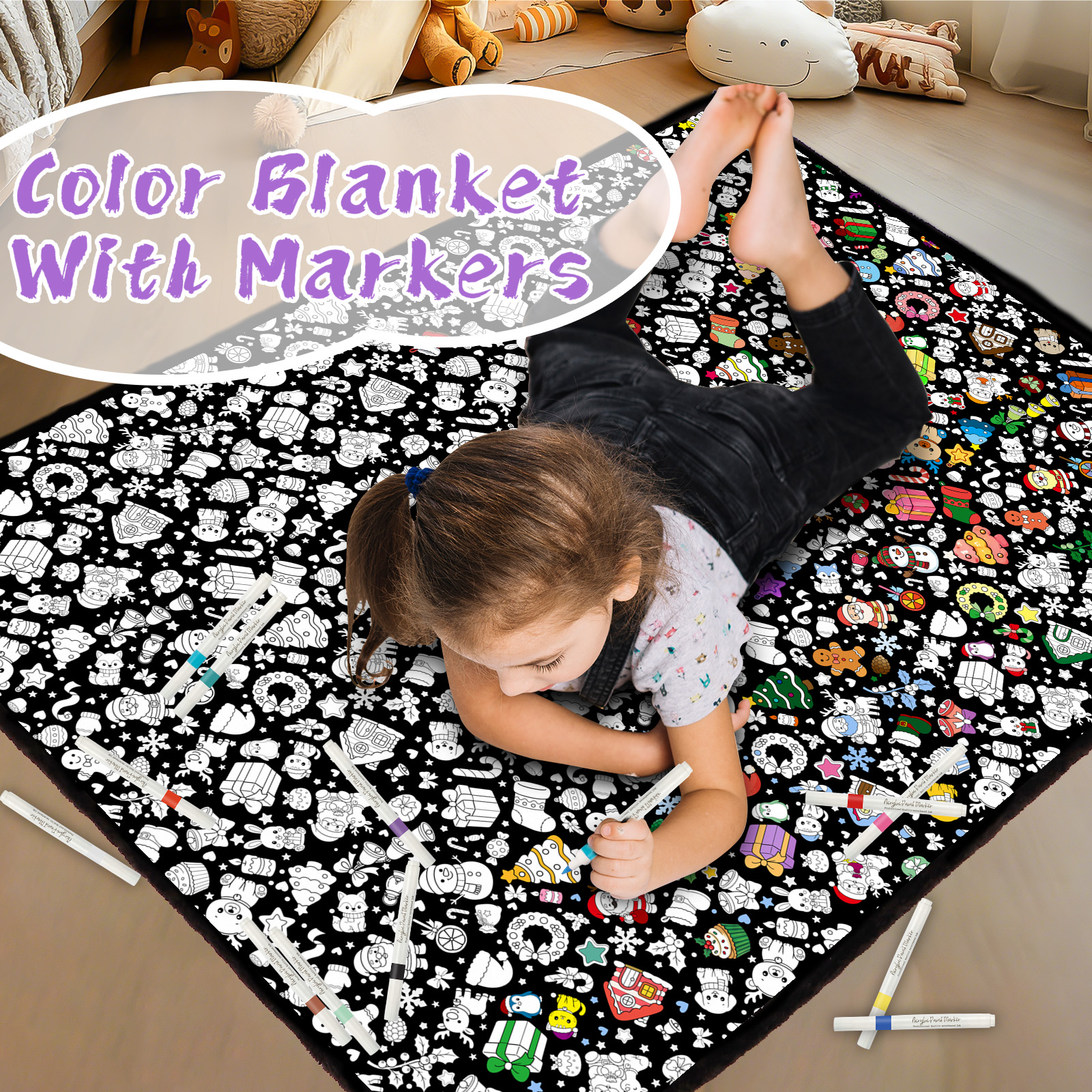 DIY Coloring Blanket for Kids & Adults with 24 Markers (Christmas)