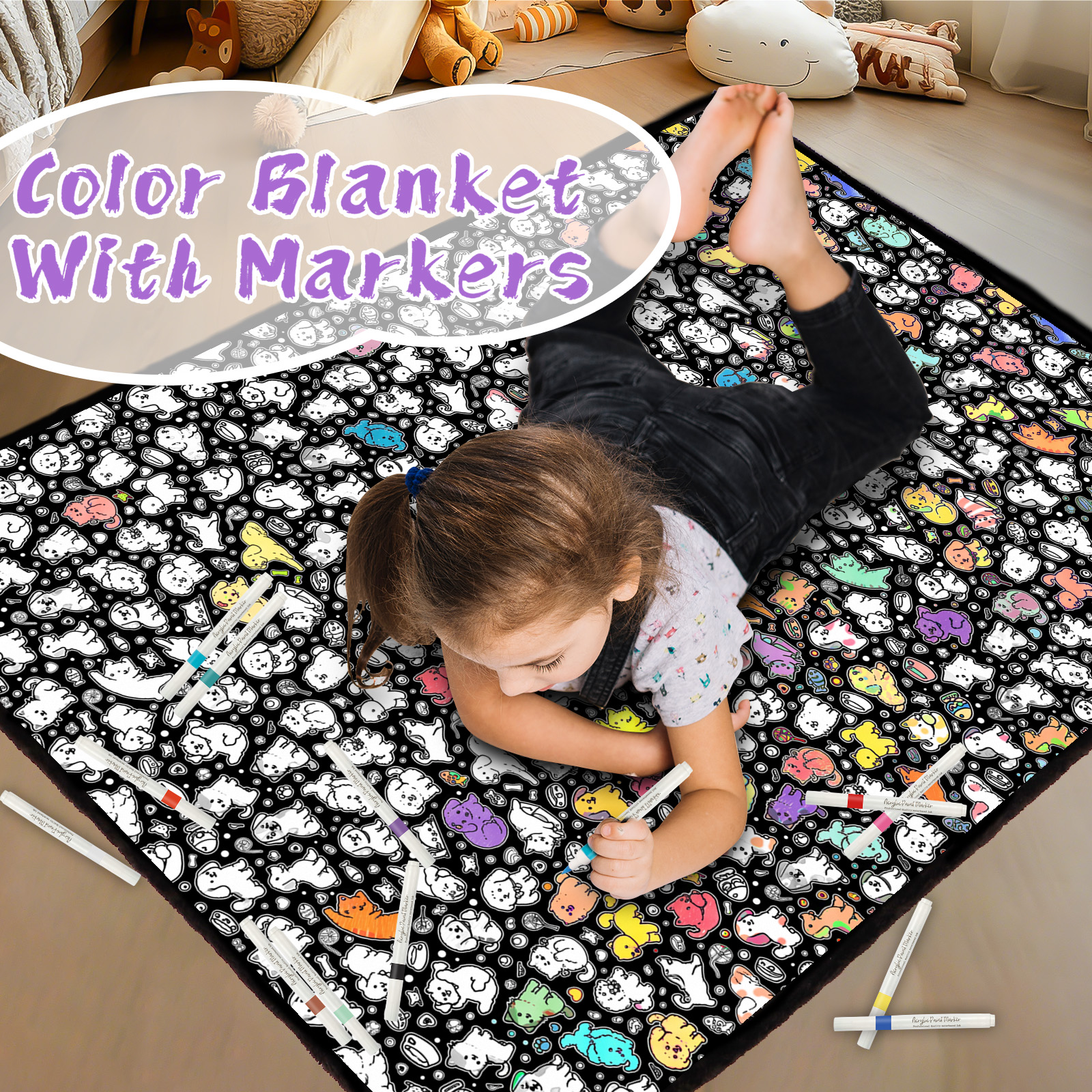 DIY Coloring Blanket for Kids & Adults with 24 Markers (Cat & Dog)
