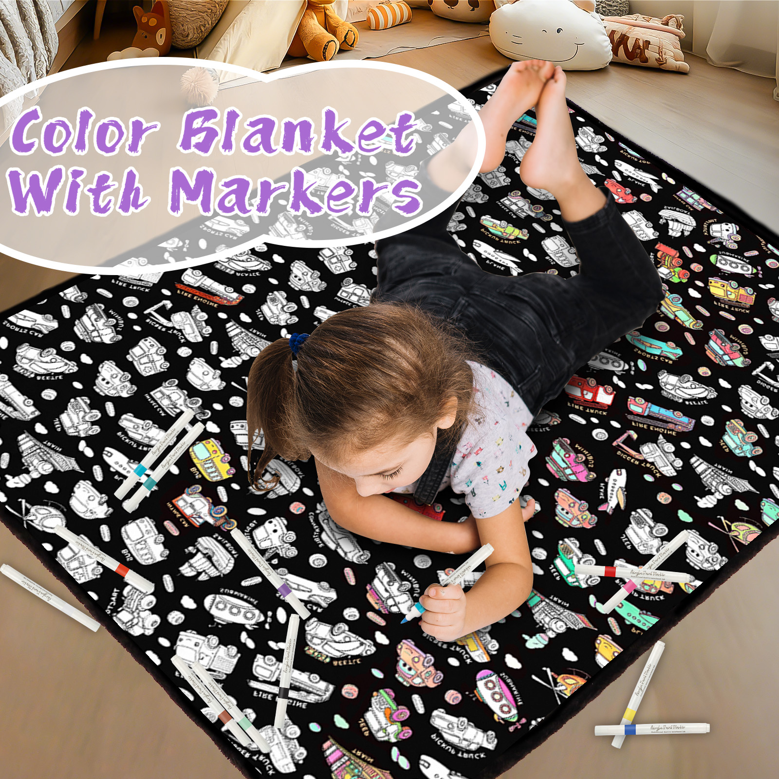 DIY Coloring Blanket for Kids & Adults with 24 Markers (Vehicles)