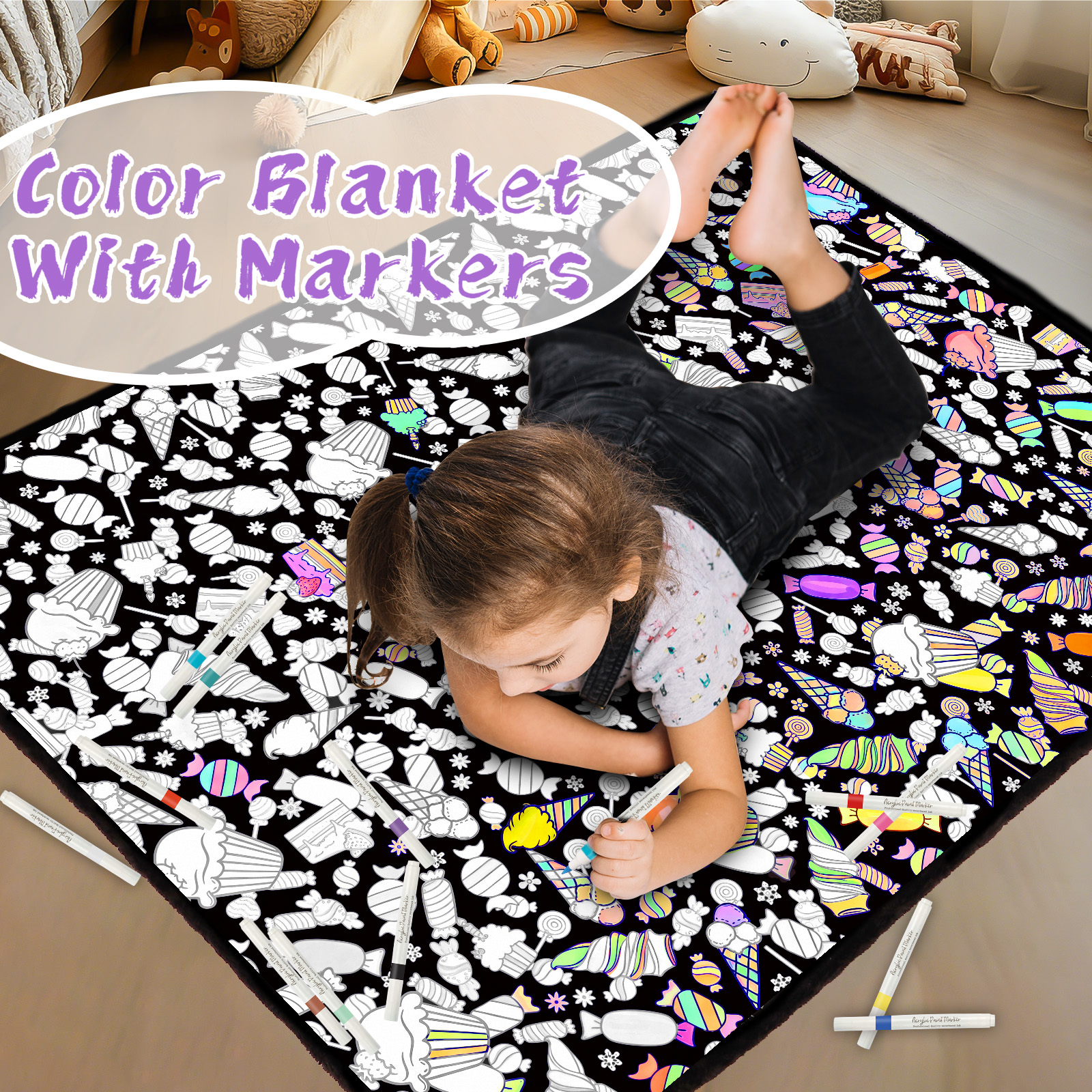 DIY Coloring Blanket for Kids & Adults with 24 Markers (Sweet Treats)