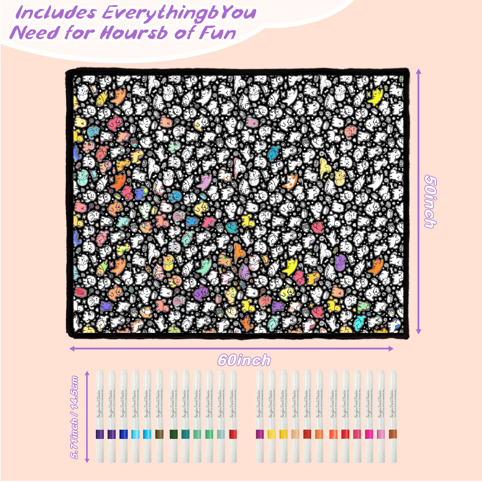 DIY Coloring Blanket for Kids & Adults with 24 Markers (Cat & Dog)