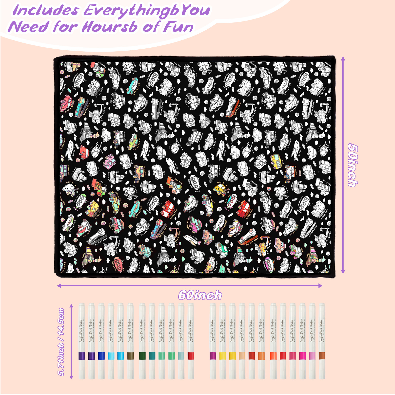 DIY Coloring Blanket for Kids & Adults with 24 Markers (Vehicles)