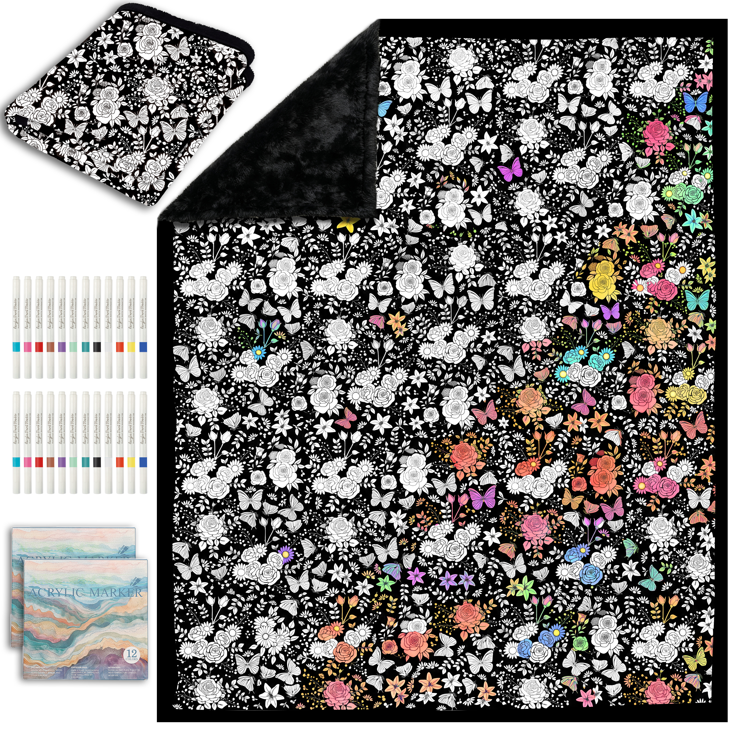 DIY Coloring Blanket for Kids & Adults with 24 Markers (Flowers)