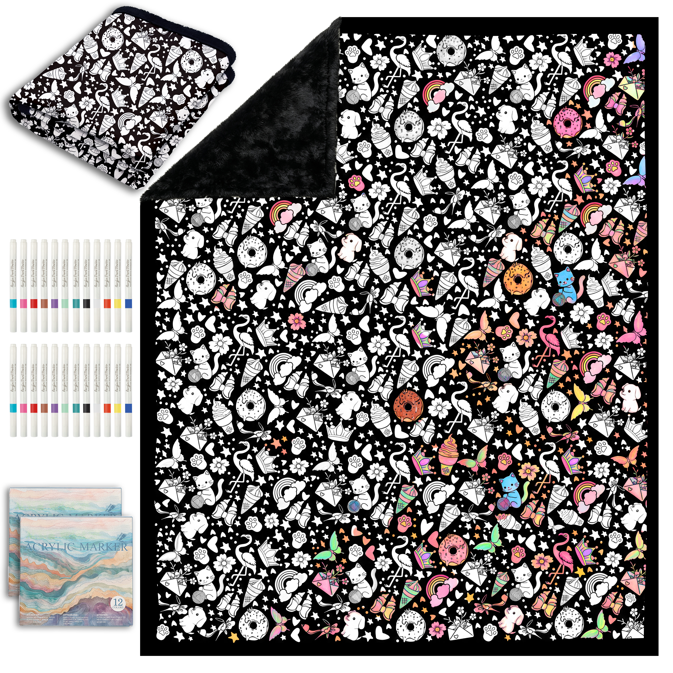 DIY Coloring Blanket for Kids & Adults with 24 Markers (Anmials)