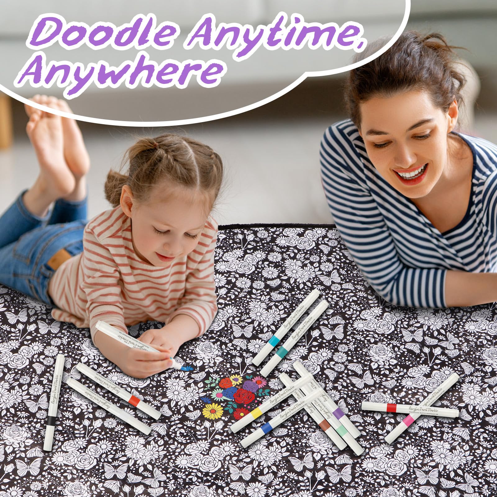 DIY Coloring Blanket for Kids & Adults with 24 Markers (Flowers)