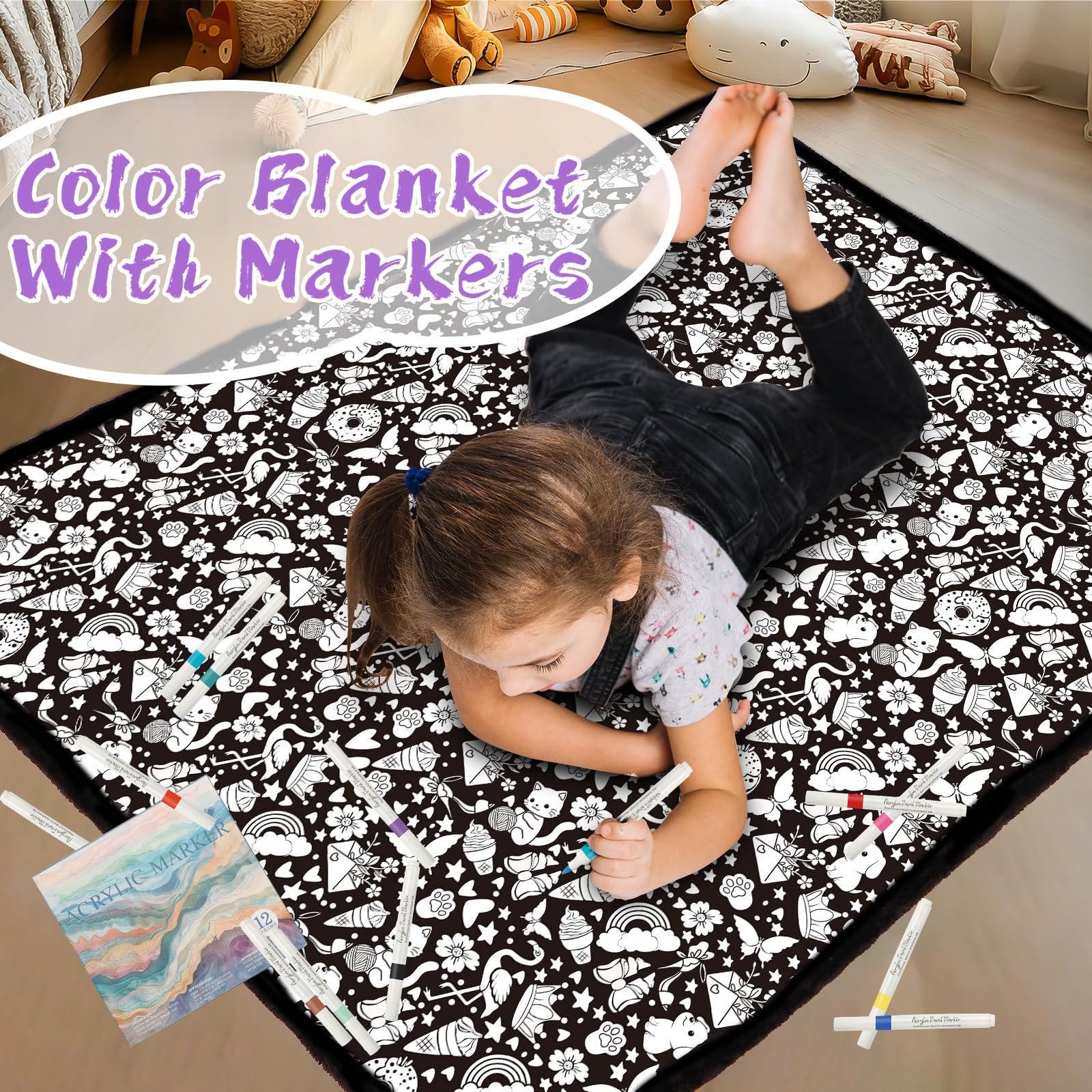 DIY Coloring Blanket for Kids & Adults with 24 Markers (Anmials)