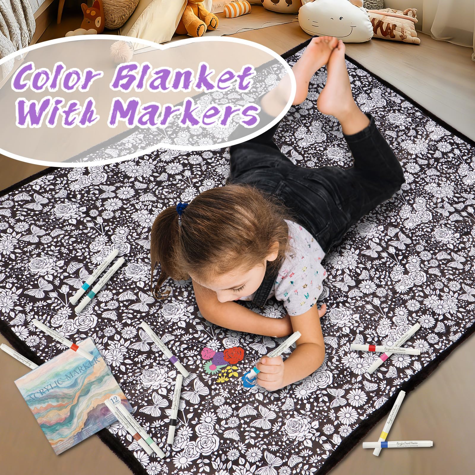 DIY Coloring Blanket for Kids & Adults with 24 Markers (Flowers)