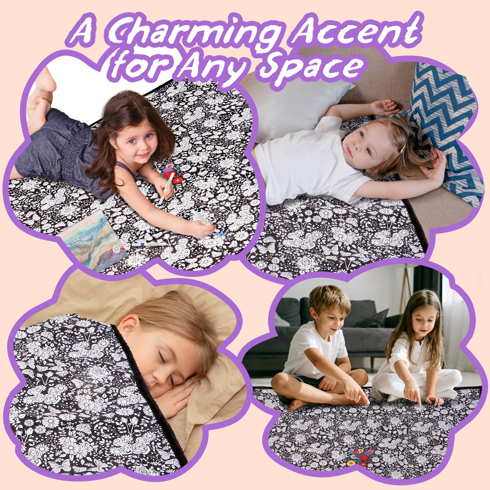 DIY Coloring Blanket for Kids & Adults with 24 Markers (Flowers)