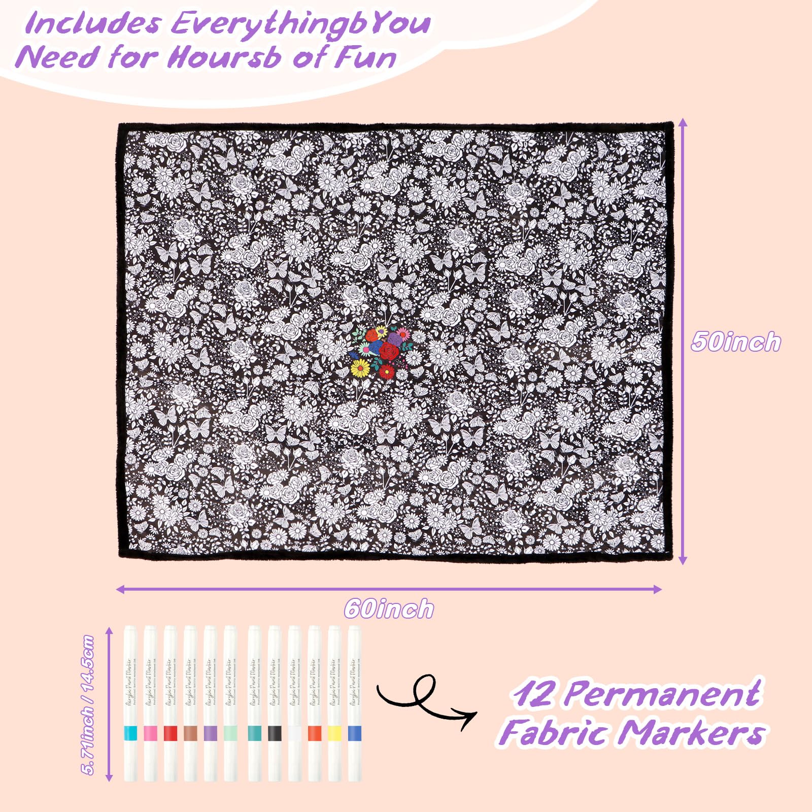 DIY Coloring Blanket for Kids & Adults with 24 Markers (Flowers)