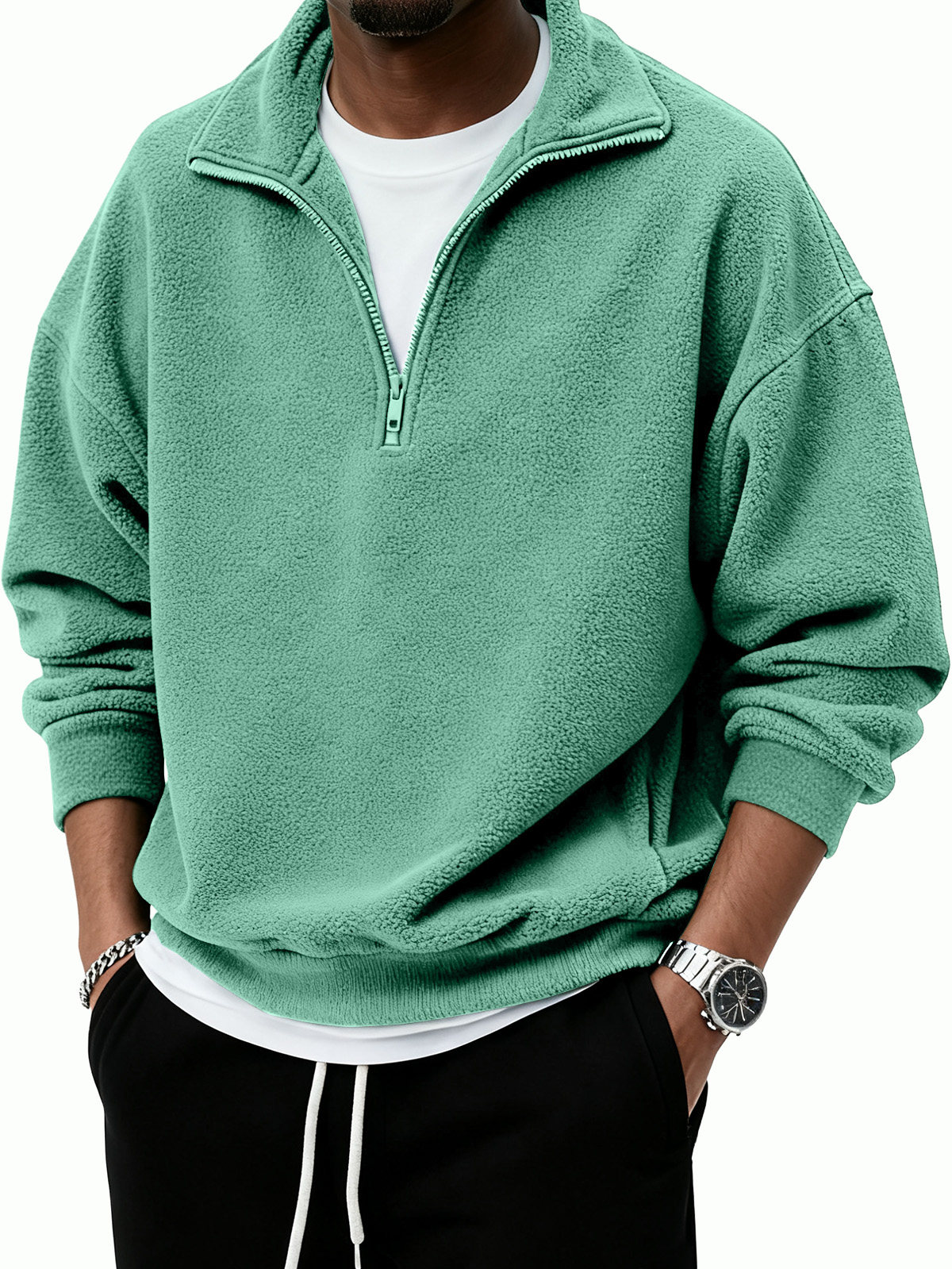 Men's Warm Stylish Casual Half-Zip Stand Collar  Borg Fleece Sweatshirt