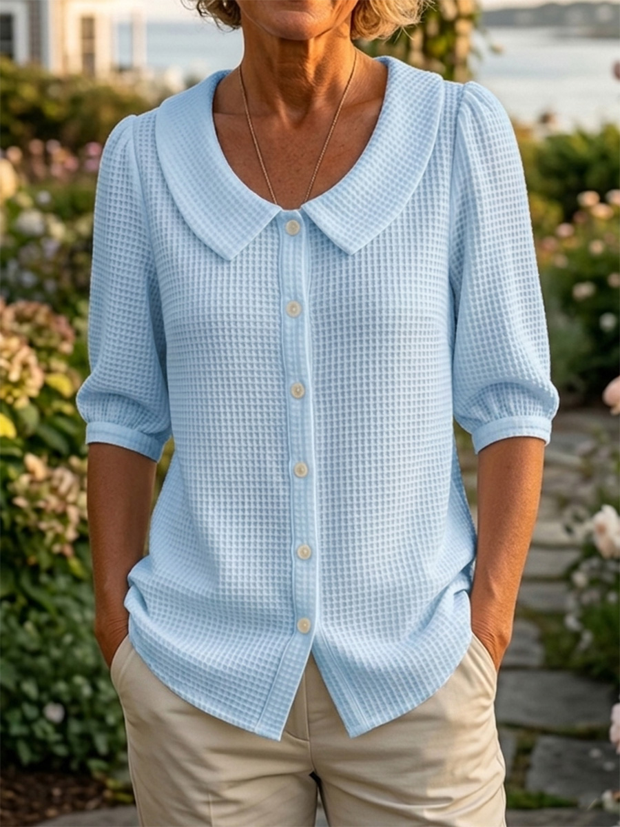 Women’s Casual Peter Pan Collar Waffle Knit Shirt