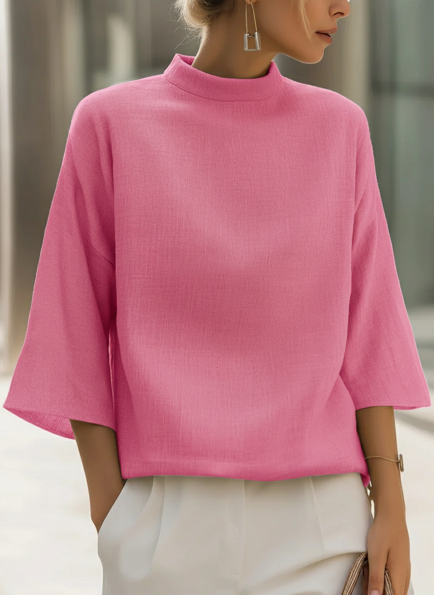Minimalist Elegance Mock Neck Cotton-linen Shirt