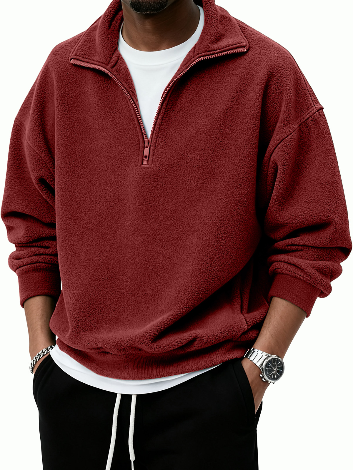Men's Warm Stylish Casual Half-Zip Stand Collar  Borg Fleece Sweatshirt