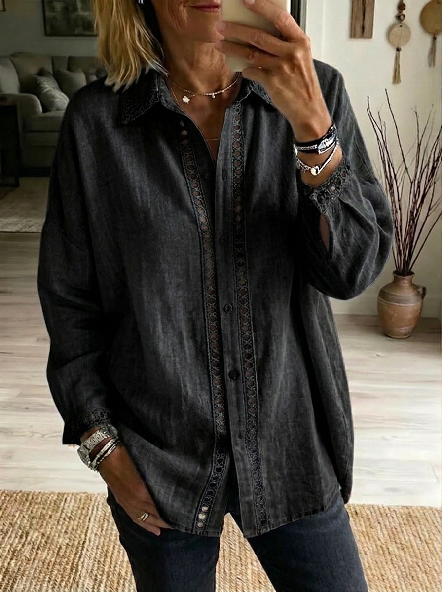 Denim-Style Cutout Lace Detail Button Shirt