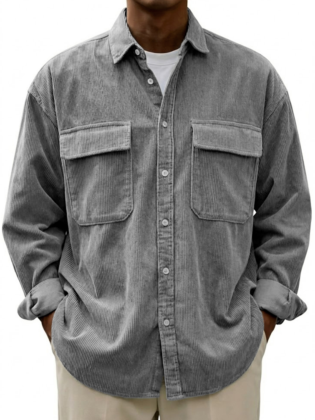 Men's Vintage Corduroy Textured Stylish Practical Workwear Double-pocket Long-sleeved Shirt