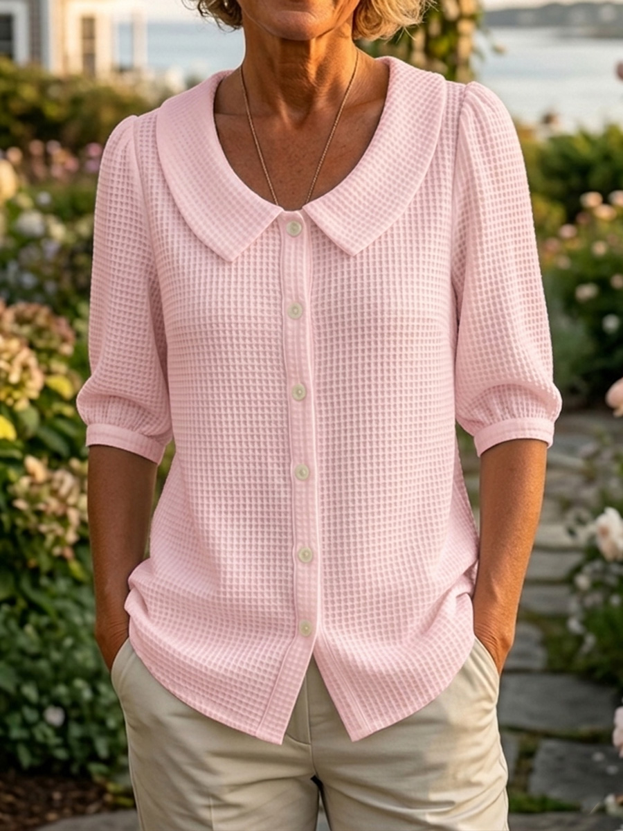 Women’s Casual Peter Pan Collar Waffle Knit Shirt