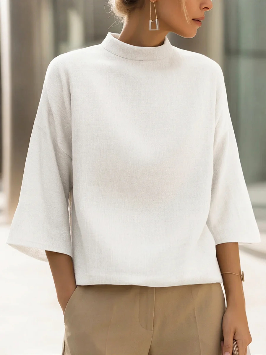 Minimalist Elegance Mock Neck Cotton-linen Shirt