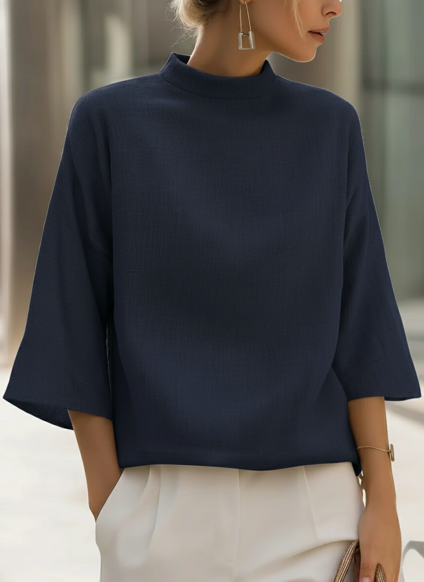 Minimalist Elegance Mock Neck Cotton-linen Shirt