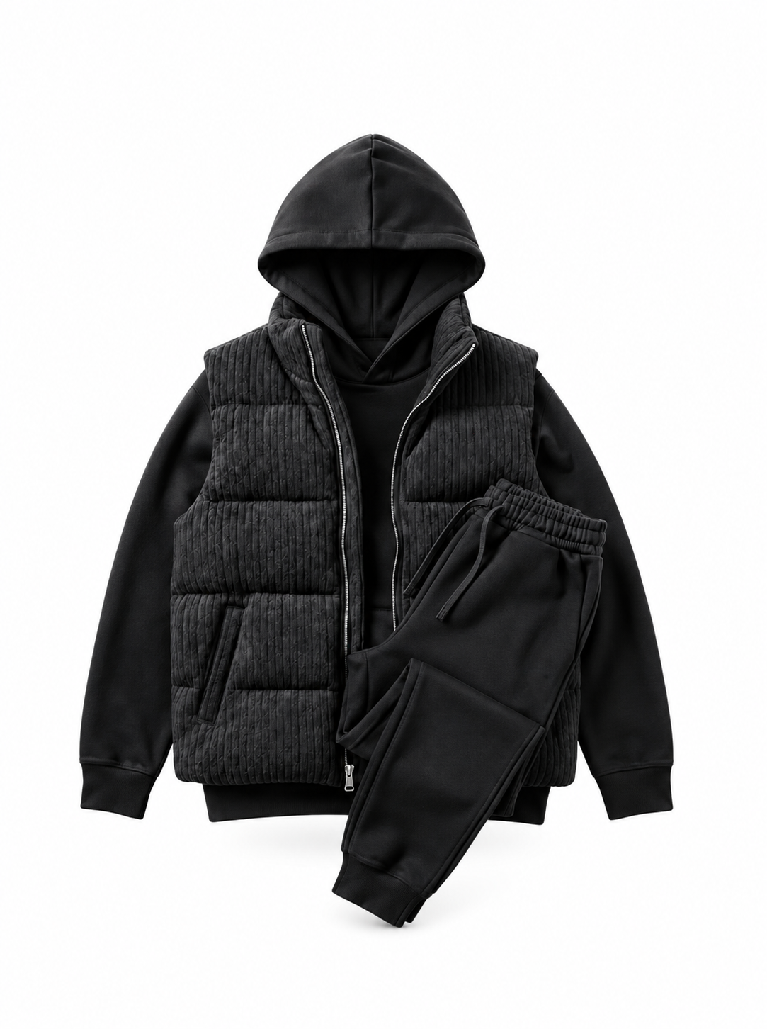 Men’s Heritage Cable-Knit Padded Vest 3-Piece Fleece Tracksuit Set
