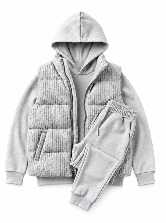 Men’s Heritage Cable-Knit Padded Vest 3-Piece Fleece Tracksuit Set