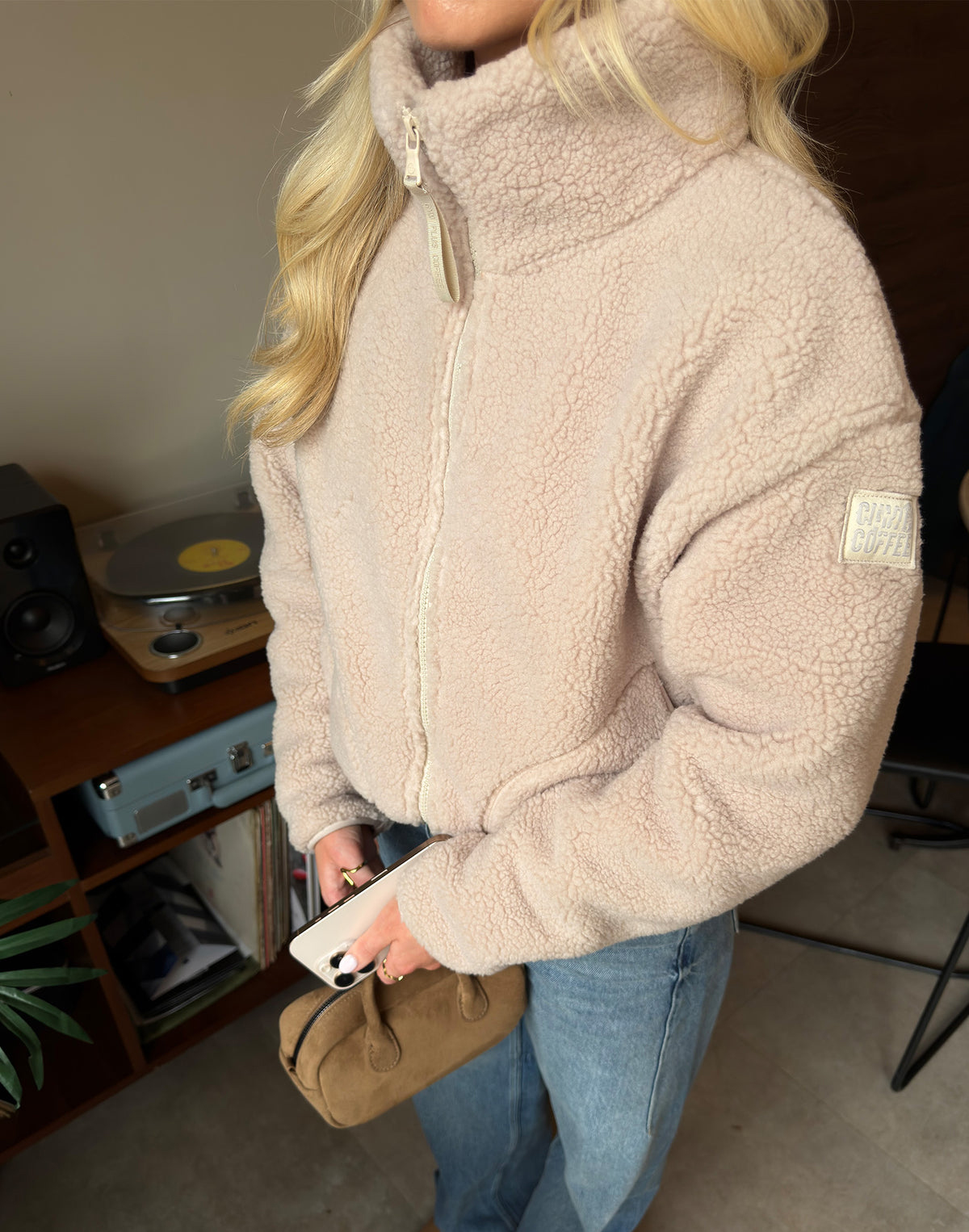 Industry Fleece High Collar Jacket in Mocha Bean