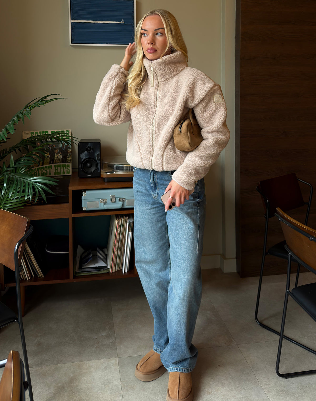 Industry Fleece High Collar Jacket in Mocha Bean