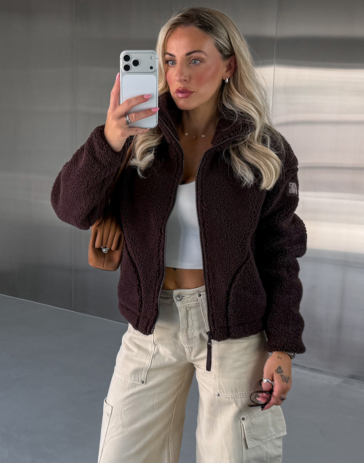 Industry Fleece High Collar Jacket in Mocha Bean
