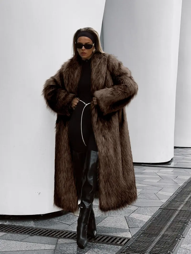 Women's Solid Color Open Front Faux Fur Coat Jackets, Elegant Long Sleeve Waterfall Collar Outerwear for Fall & Winter, Women's Clothing for Daily Wear,  Clothing for Women