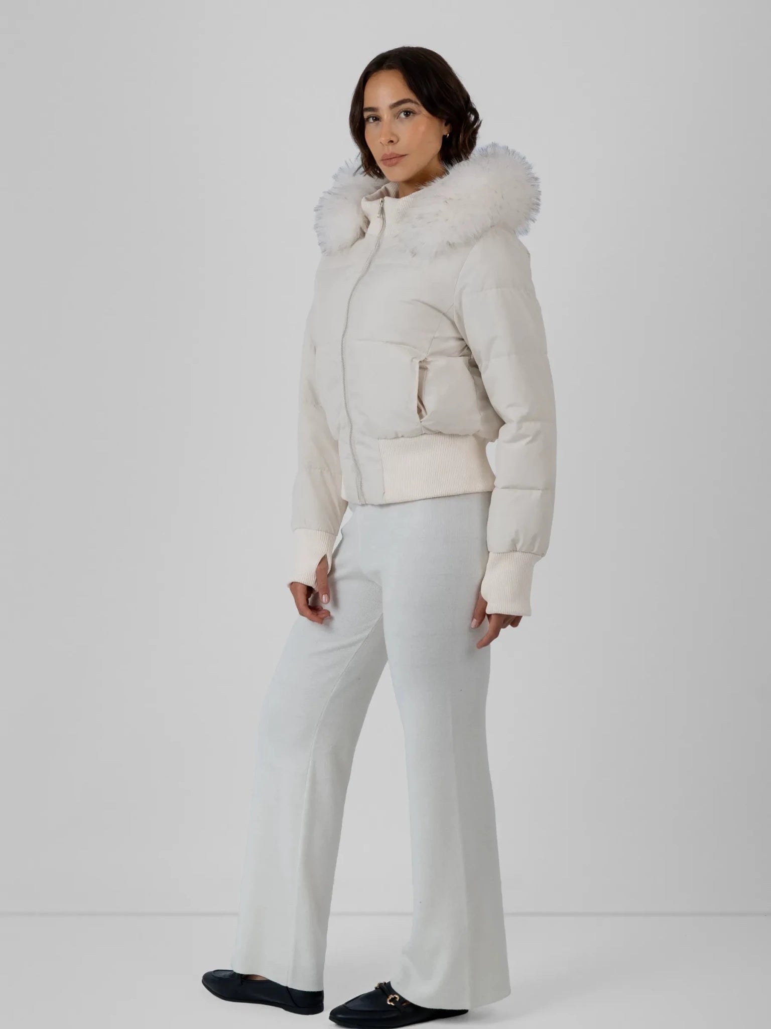 Faux Fur Lined Puffer Bomber With Detachable Hood Trim