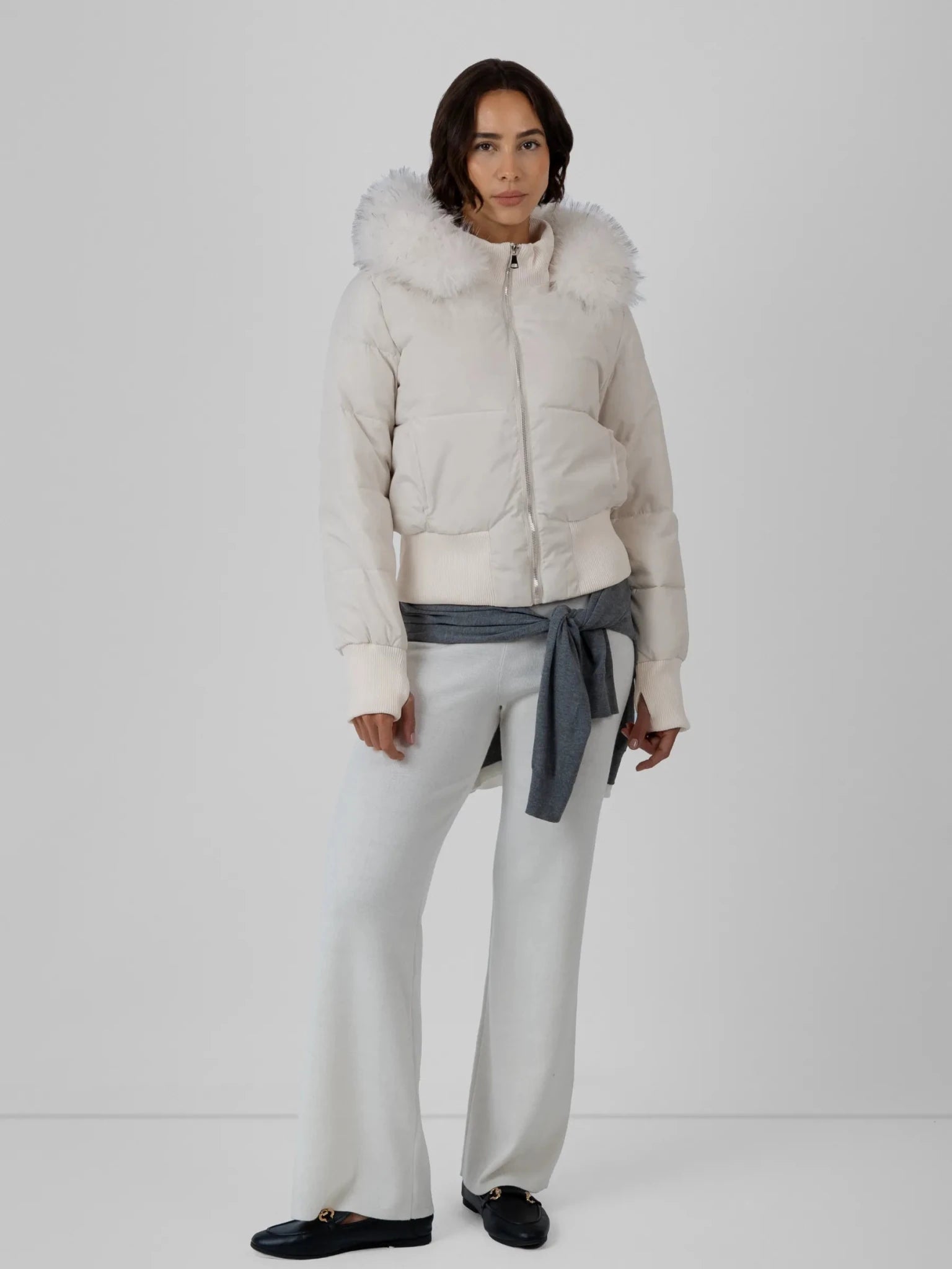 Faux Fur Lined Puffer Bomber With Detachable Hood Trim