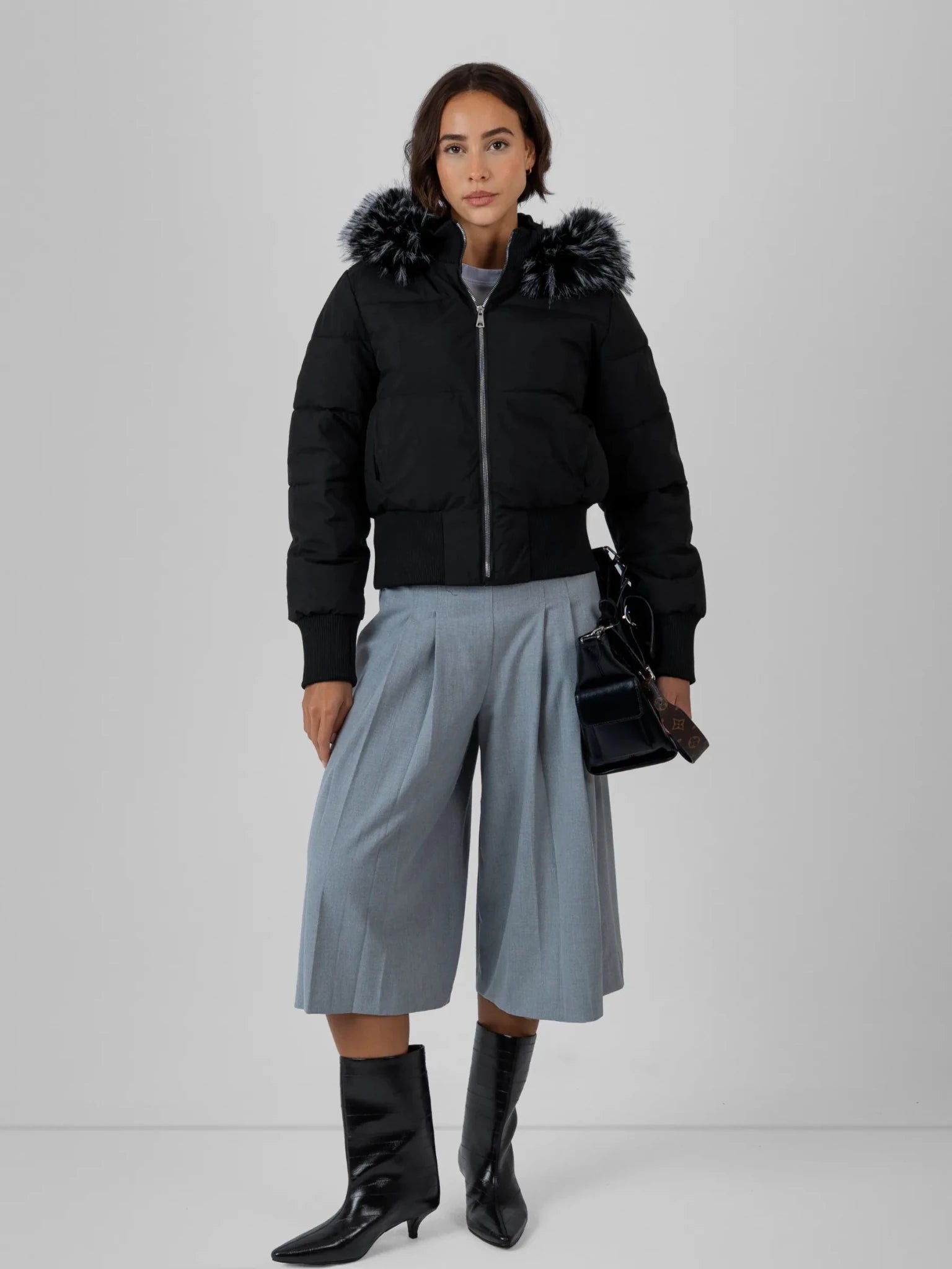 Faux Fur Lined Puffer Bomber With Detachable Hood Trim