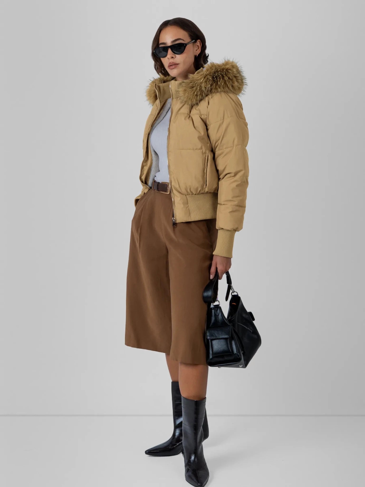 Faux Fur Lined Puffer Bomber With Detachable Hood Trim