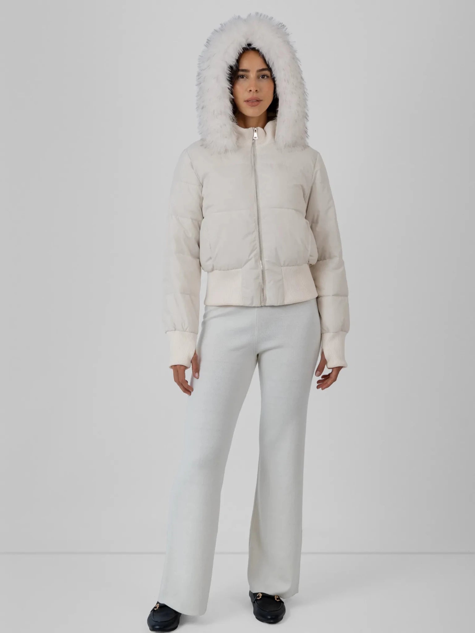 Faux Fur Lined Puffer Bomber With Detachable Hood Trim