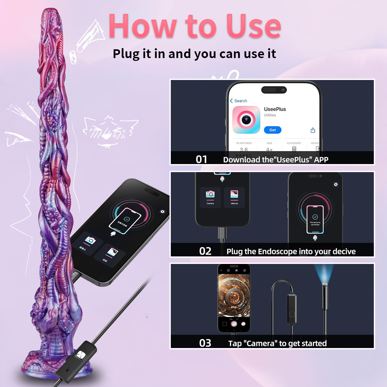 [Brand] Endoscope Camera Dildo – Fantasy Tentacle Silicone Anal Plug with HD Live Video, App-Connected Vaginal Viewer, Suction Cup G-Spot Massager for Women, Men & Couples