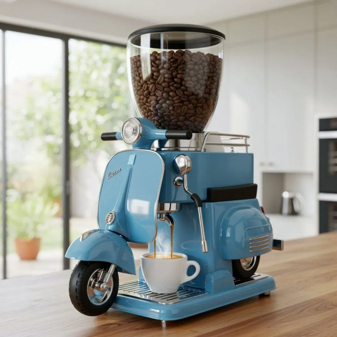 The coffee machine that appears to have been transported by motorcycle