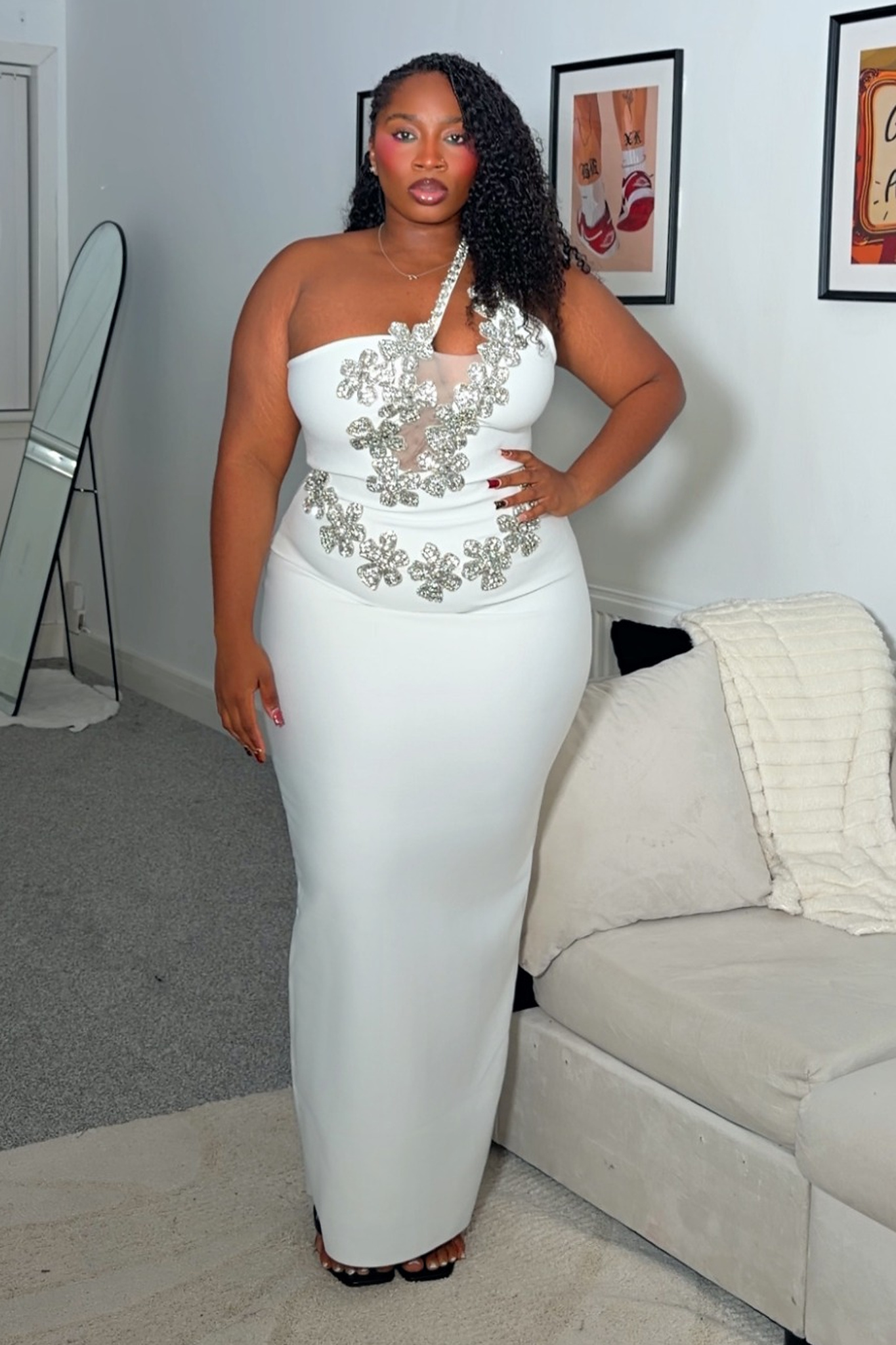 Veronic Glamorous Contour Halter Cut Out Rhinestone Floral Bandage Maxi Dress
