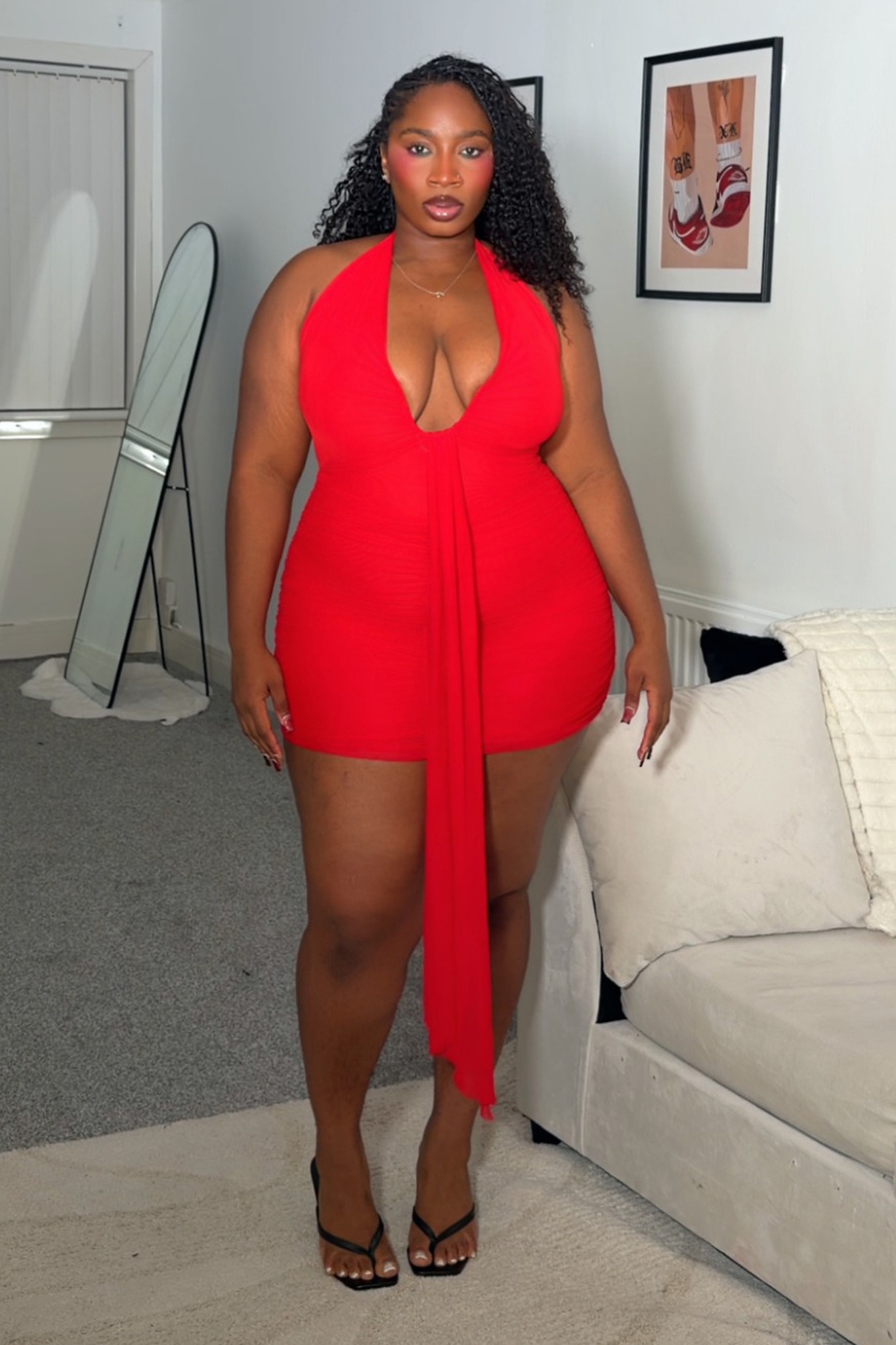 Fantine Chic Contour Halter Deep V Ruched Knit Red Mini Dress