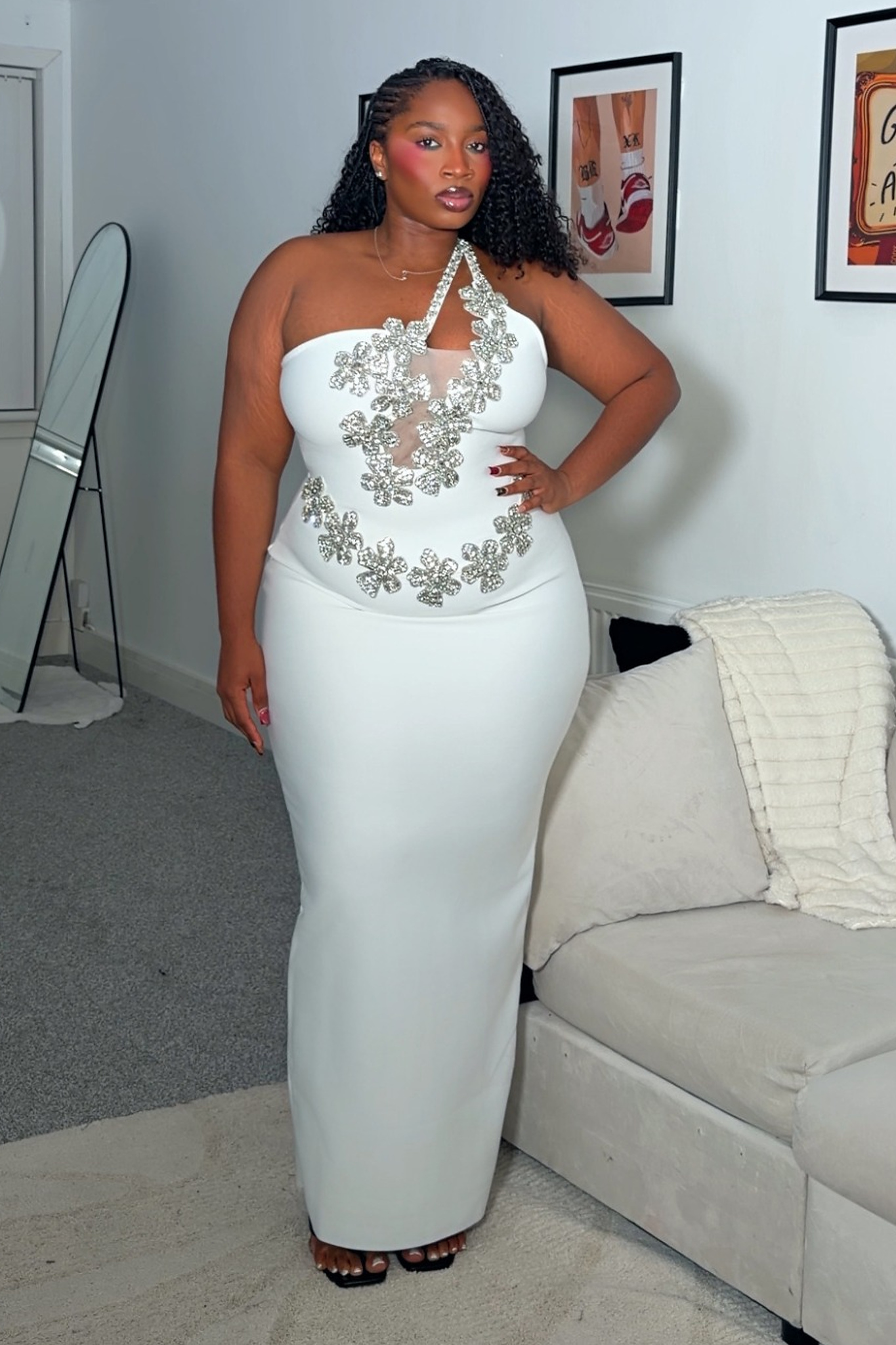 Veronic Glamorous Contour Halter Cut Out Rhinestone Floral Bandage Maxi Dress