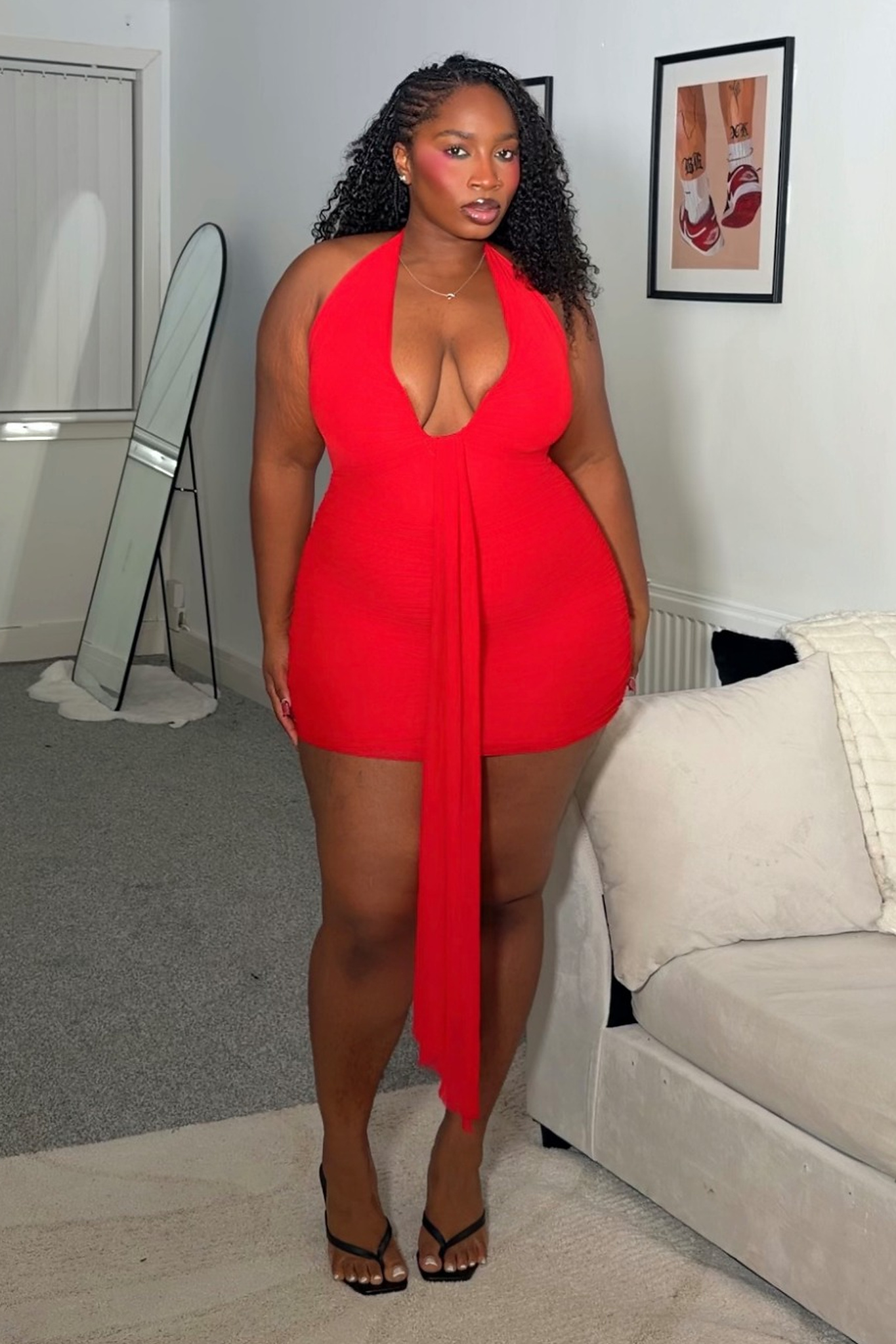 Fantine Chic Contour Halter Deep V Ruched Knit Red Mini Dress