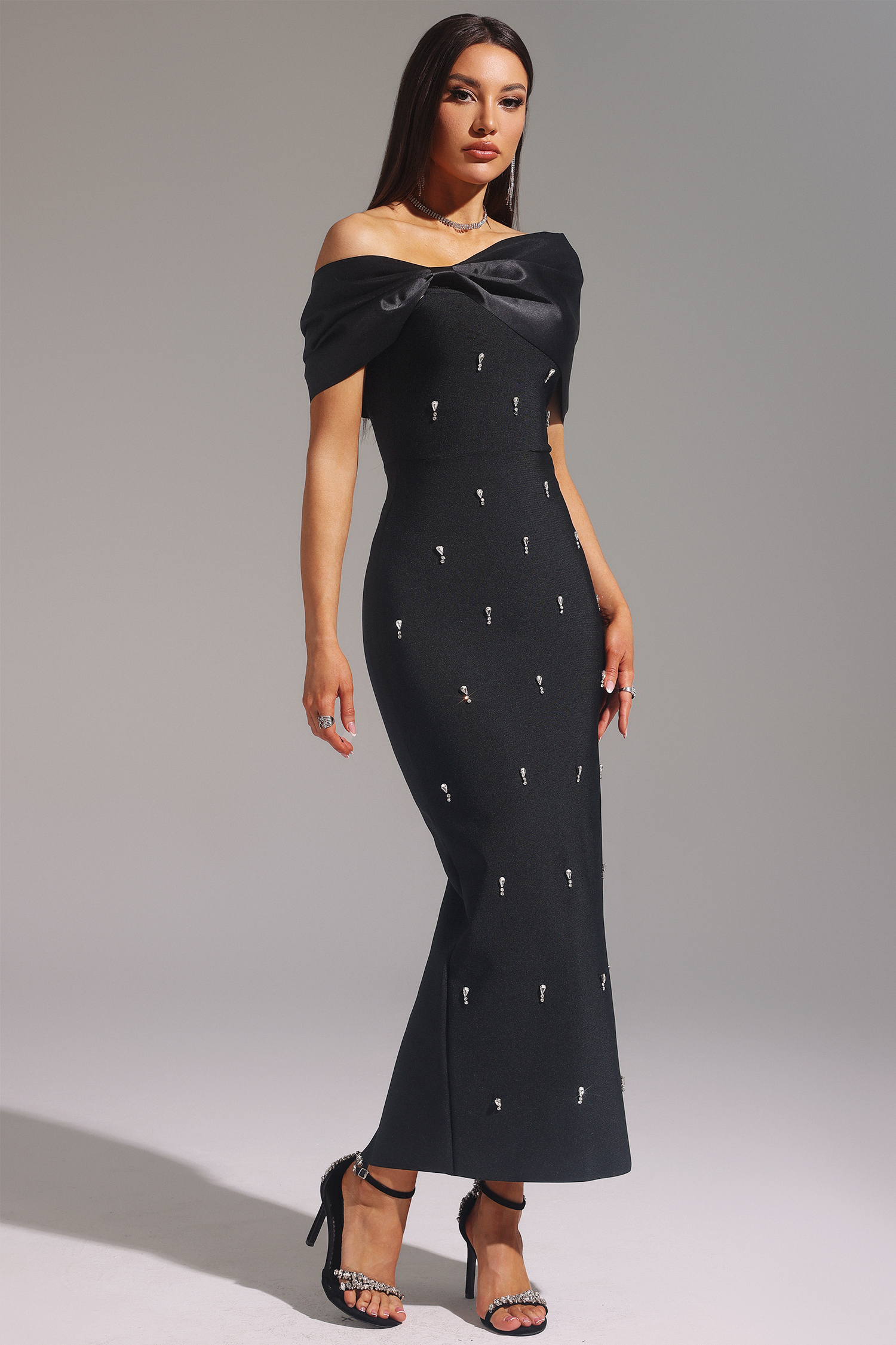 Palez Sleeveless One Shoulder Diamond Bow Bandage Maxi Dress