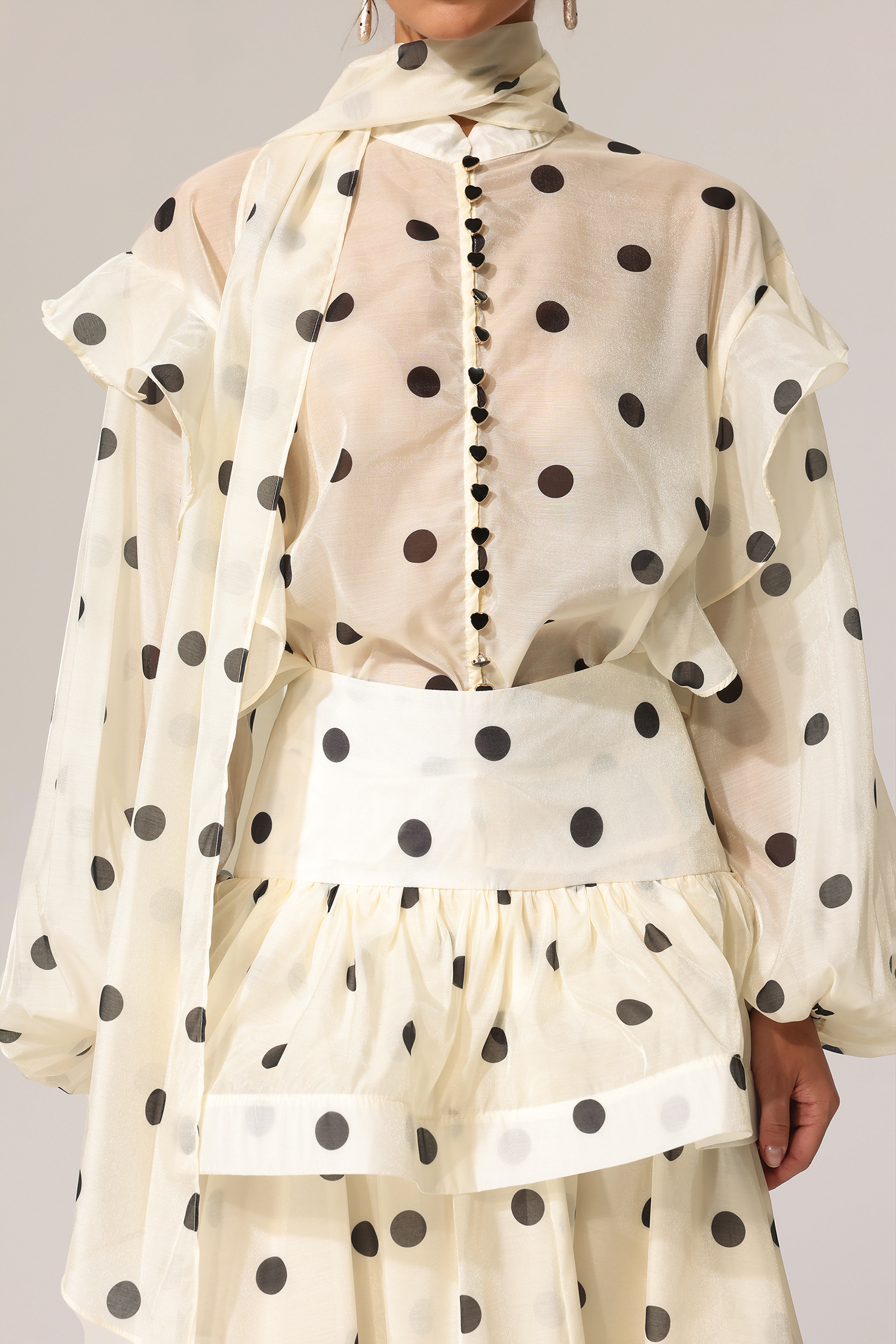 Rode Dot Printed Folds Long Sleeves Top And Skirt Two-Piece Set