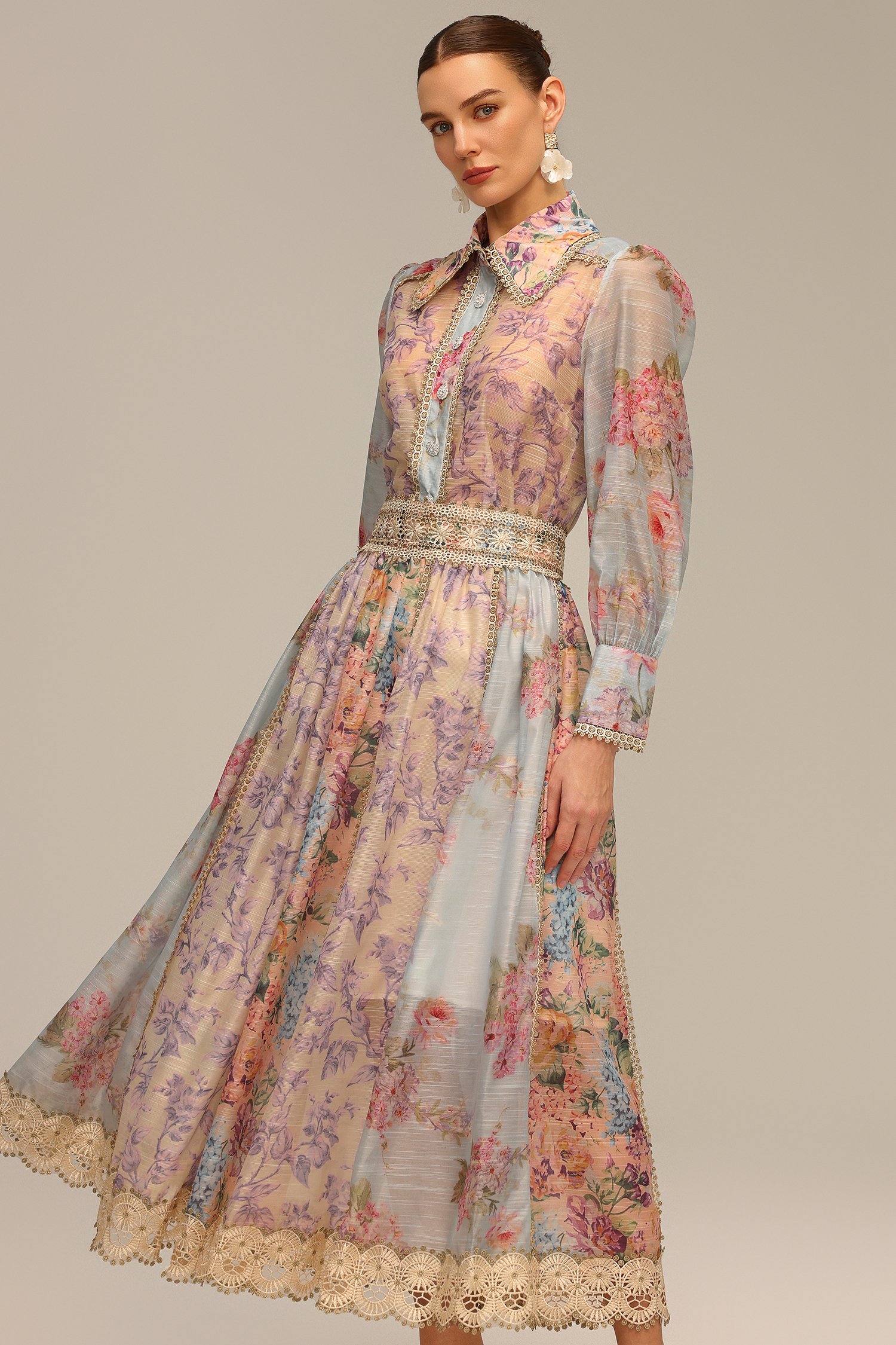 Ruby Long Sleeve Floral Printed Lace Top And Skirt Two-Piece Set