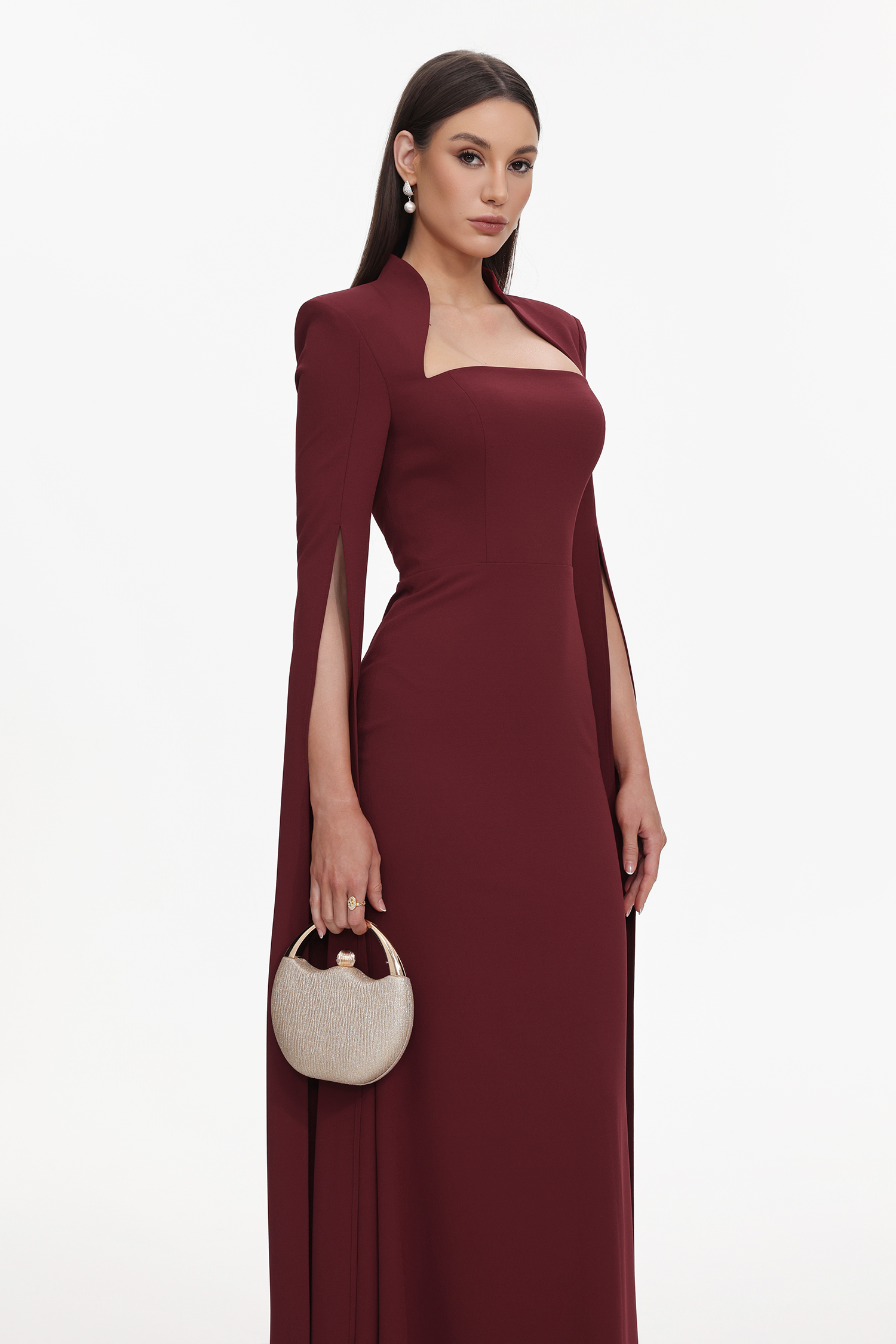 Werko Elegant Tailored Square Neck Cape Sleeve Woven Maxi Dress
