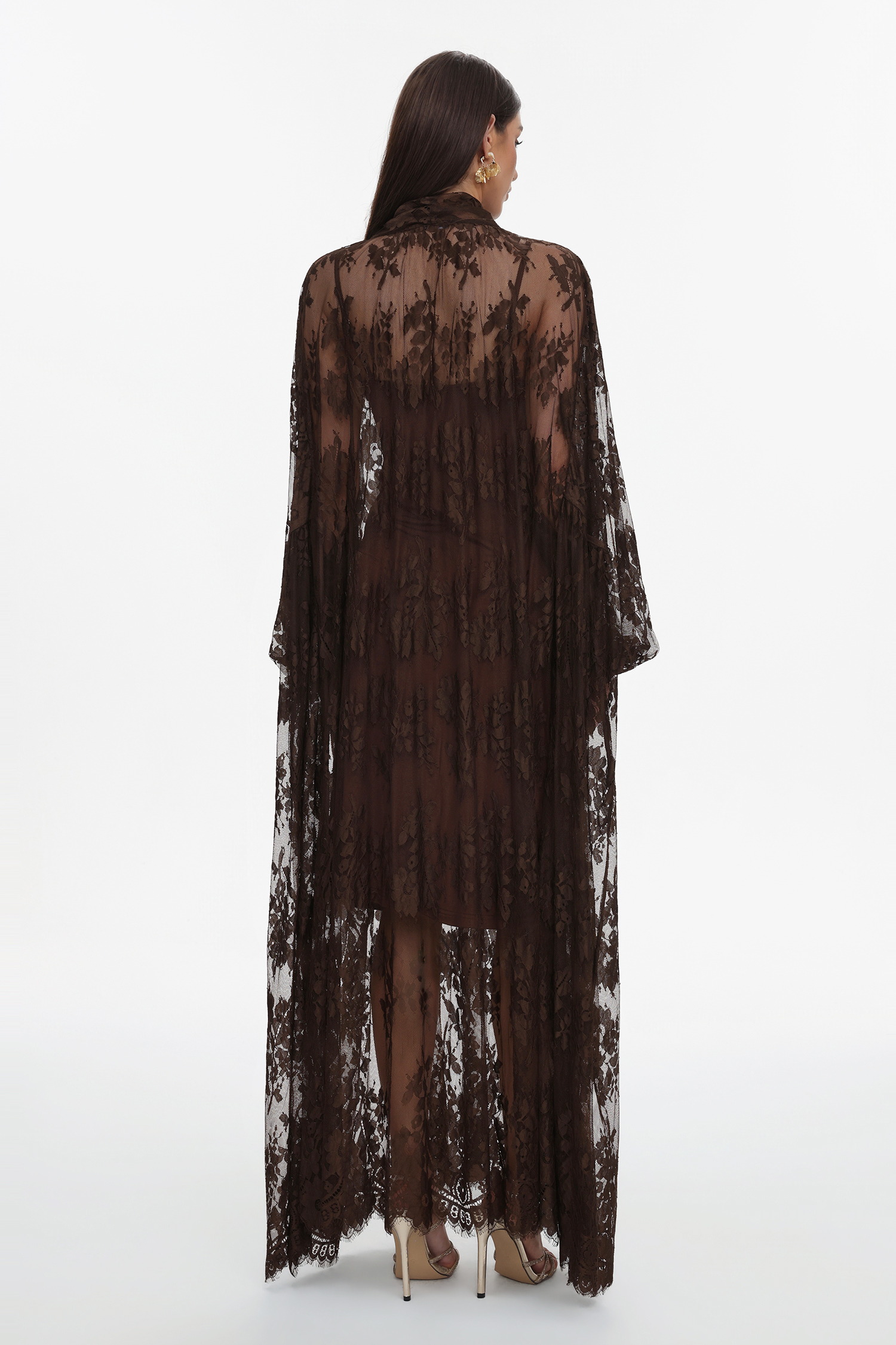 Deliyn Resort Flowy Long Sleeve Embroidered Mesh Lace Maxi Dress